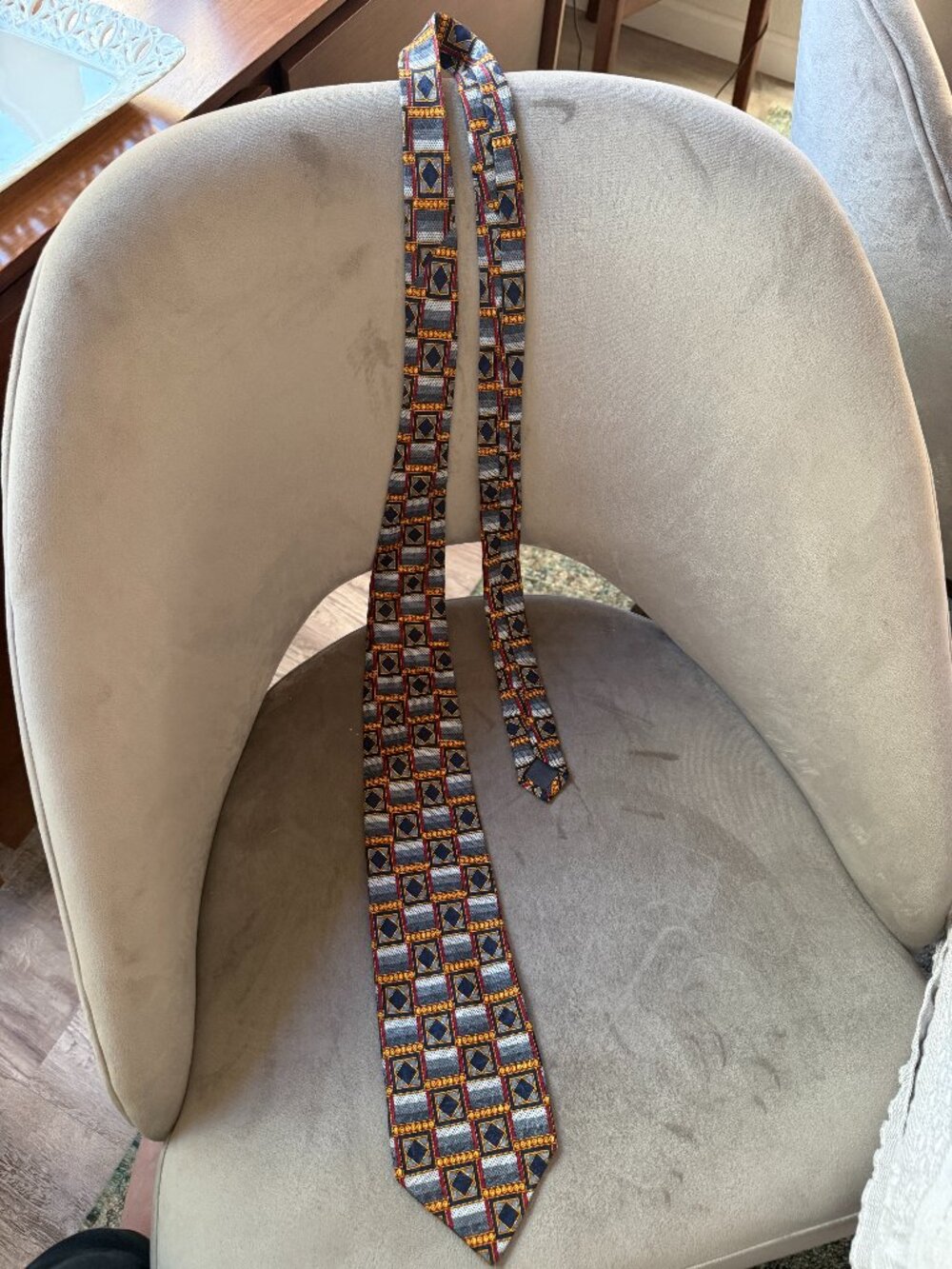 Vintage 90s Marco Laurenti Silk Tie Italy Geometric Multi Pattern Navy Gray Oran